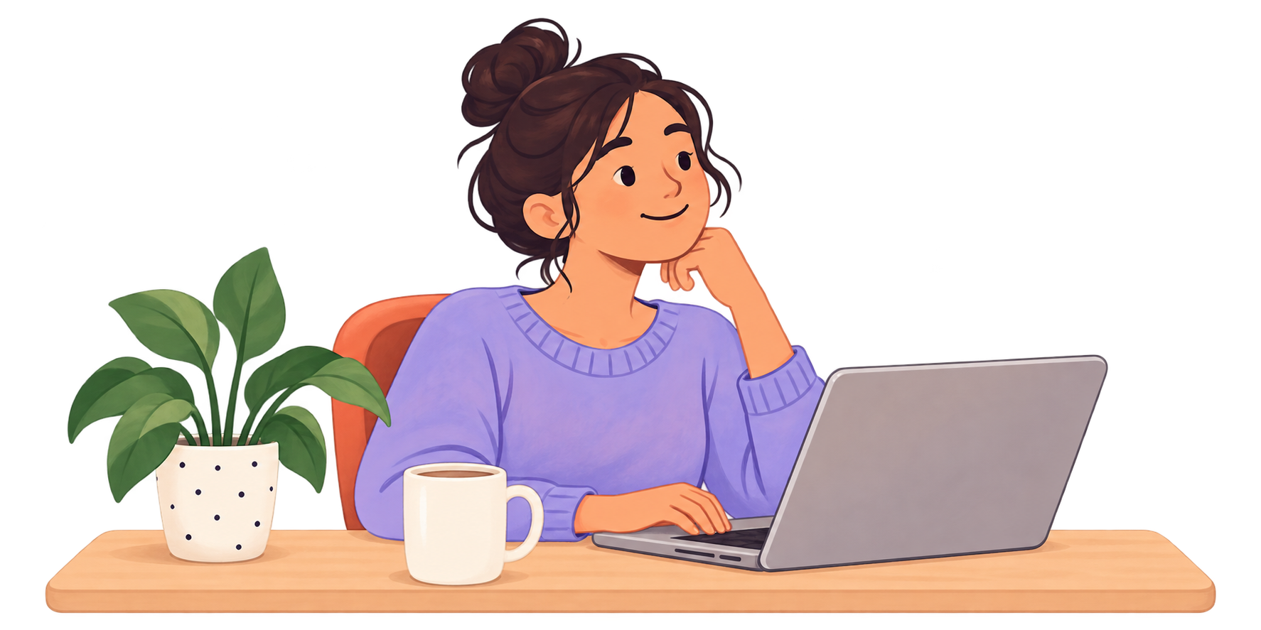 Illustration of an adult working comfortably at a desk with a laptop, mug, and plant